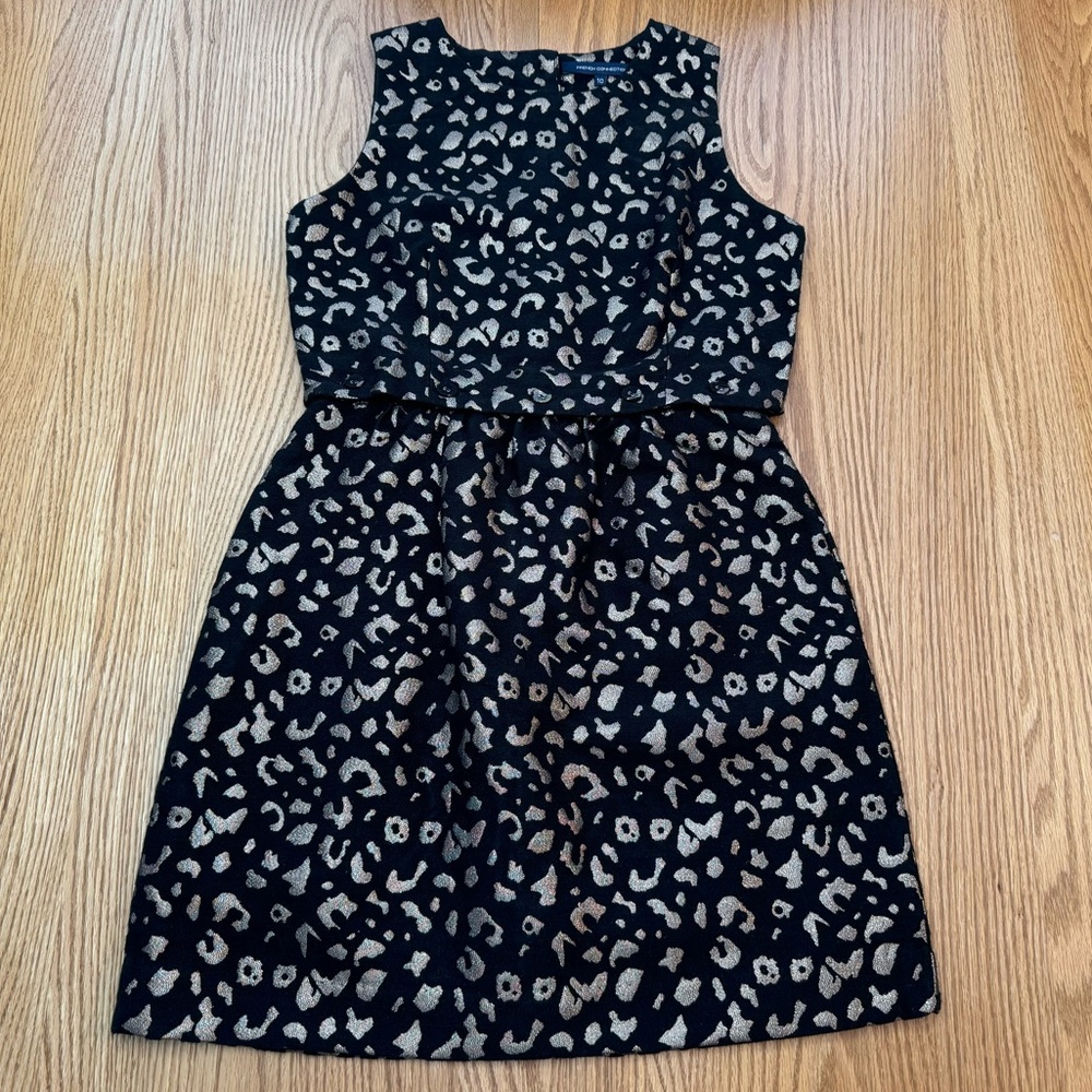 French Connection Gold Metallic Leopard Print Midi Dress Size 6
